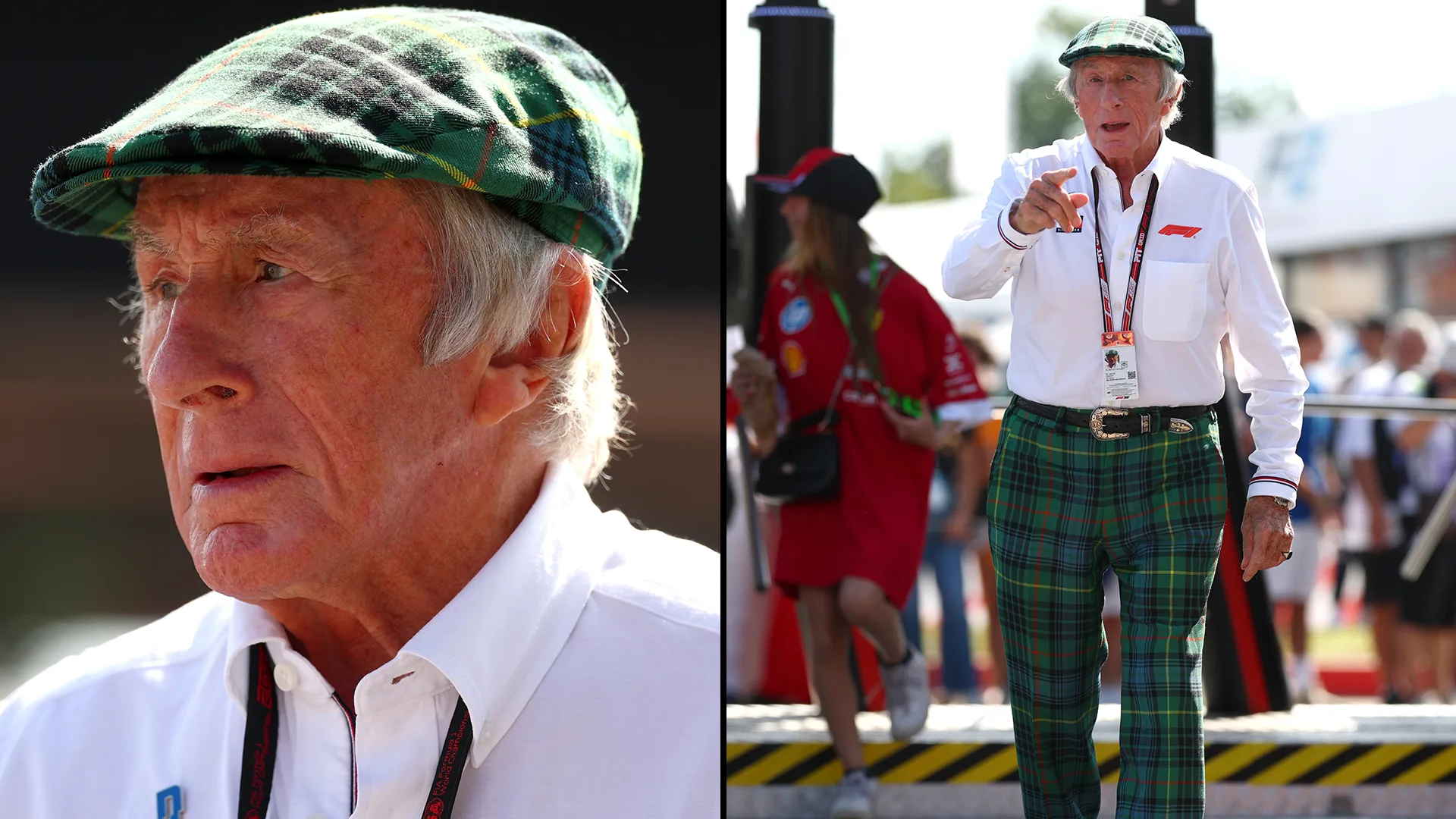 Sir Jackie Stewart a enfilé son capuchon et son pantalon de combinaison tartan signature. Swipe pour plus